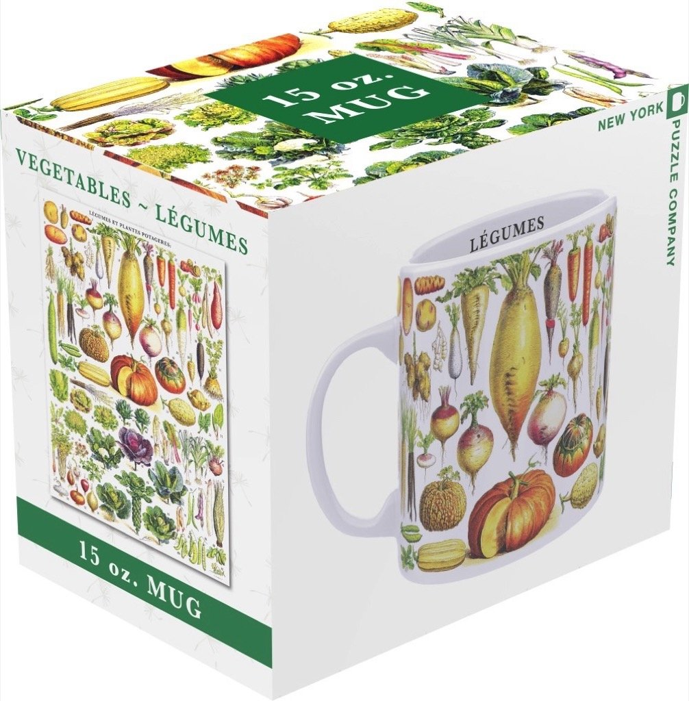 a white gift box that contains the vegetables mug - the box is adorned with the vegetables design and a picture of the mug itself