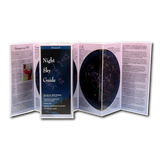 Unfolded, upright image of the Night Sky Folding Guide featuring a stargazing 101 guide for beginners, and detailed night sky charts showing the sky in different seasons showing all major constellations, asterisms, nebula, and other objects visible with the naked eye