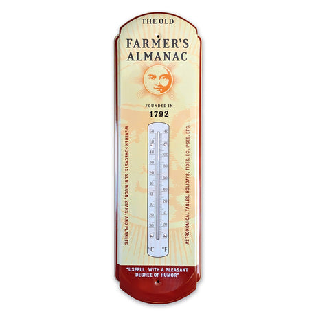 Retro-style thermometer with 'The Old Farmer's Almanac' logo and slogans