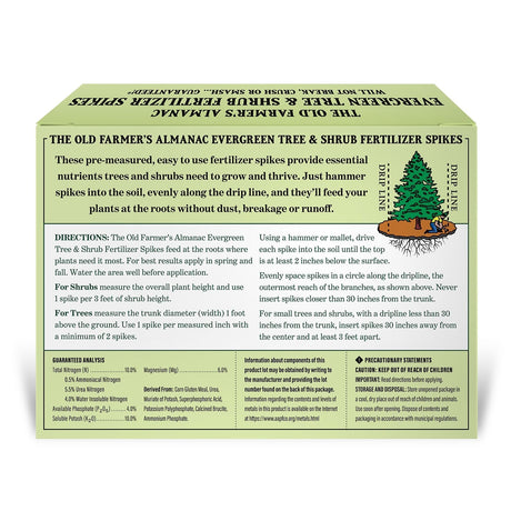 Box of Old Farmer's Almanac Evergreen Tree & Shrub Fertilizer Spikes with text on a white background
