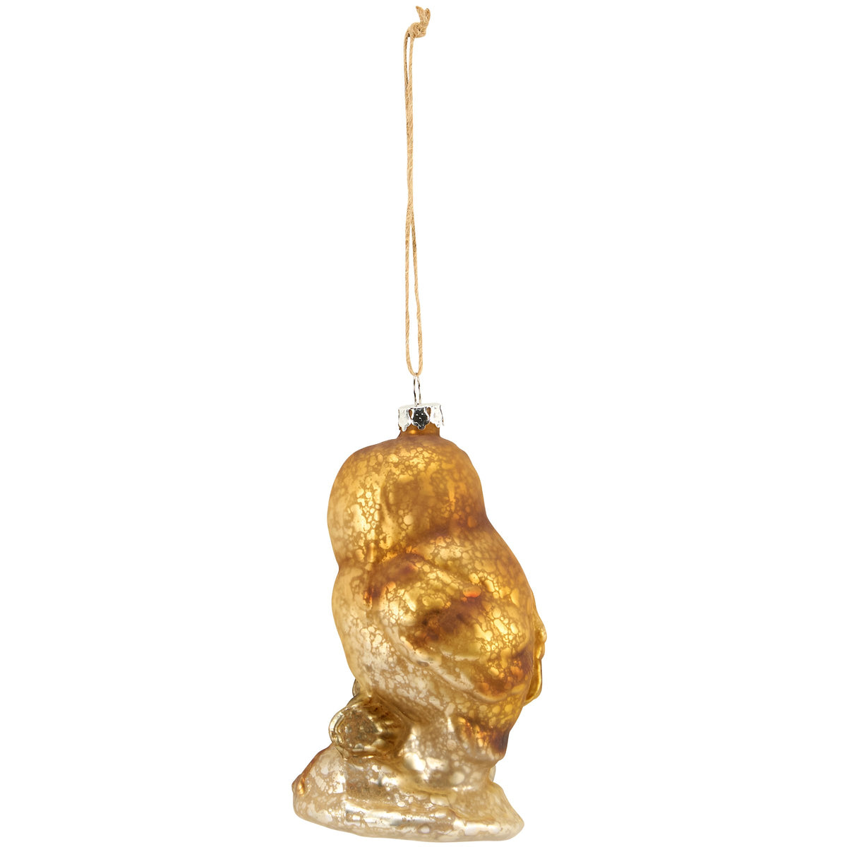 A textured, metallic gold owl Christmas ornament with a hanging string, shown against a plain white background.