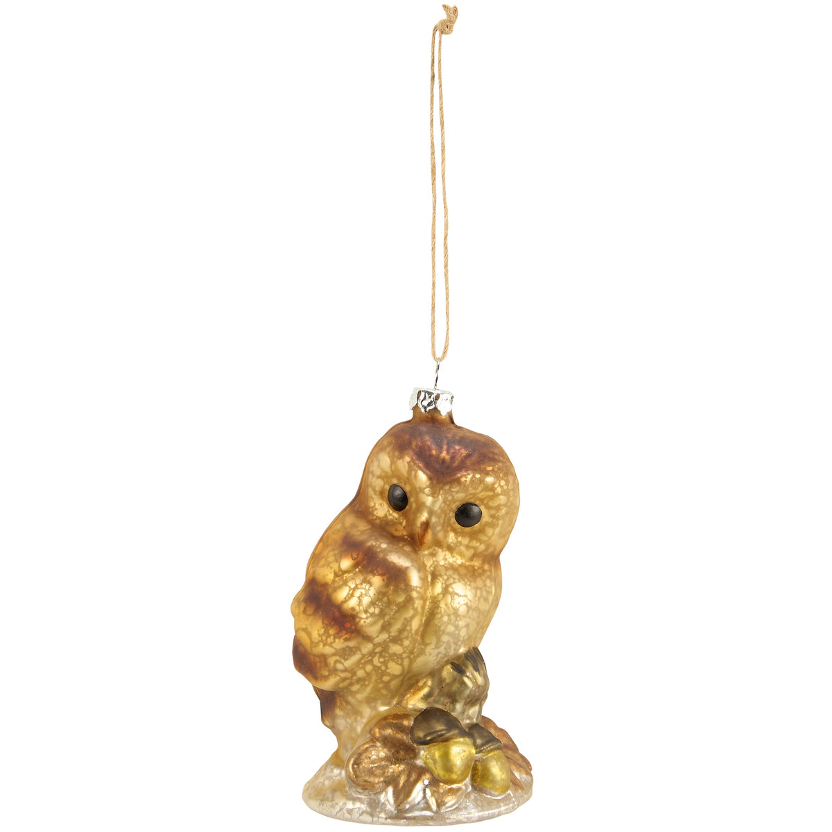 A gold owl Christmas ornament with a textured metallic finish, perched on acorns, hanging from a thin string against a plain white background.
