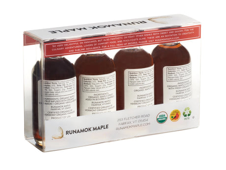 a back view of the clear gift package of 4 small bottles of maple syrup from the pantry favorites collection