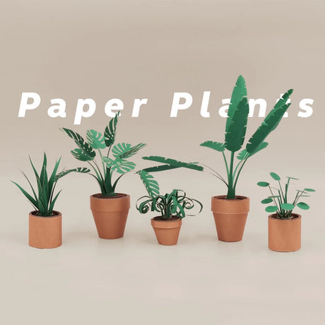 Paper plants in terracotta paper pots on a beige background with 'Paper Plants' text.