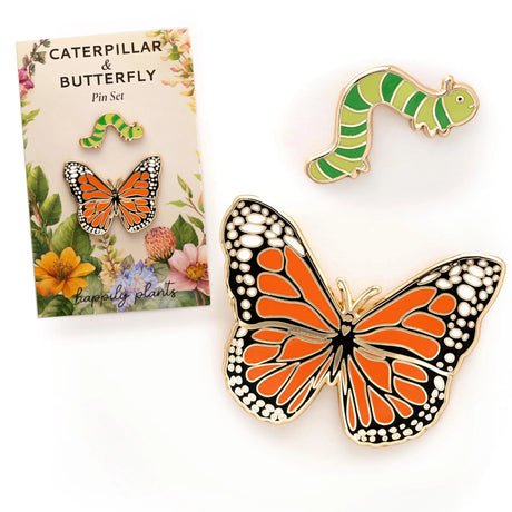 Butterfly and caterpillar pins with packaging on a white background