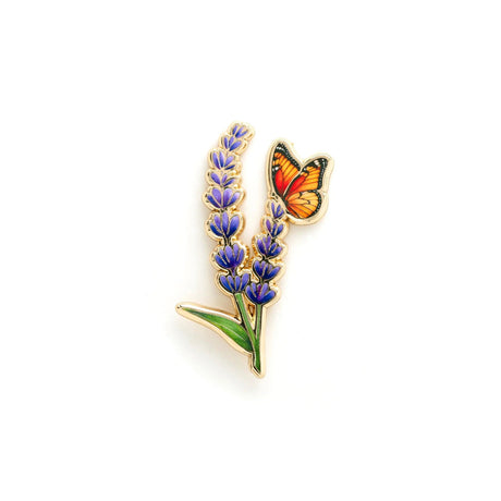 Enamel pin with lavender flowers and a butterfly on a white background