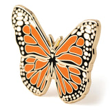 Butterfly-shaped enamel pin with orange and black pattern on a white background