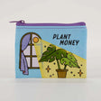 a zippered coin purse with an illustration of an open window shining sunlight onto a sparkling houseplant with the text "Plant Money"