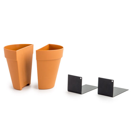 Two terracotta-colored planters and two black metal supports on a white background