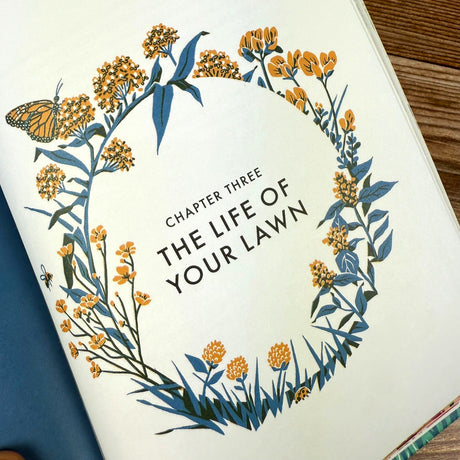 Book chapter page with floral design and text 'Chapter Three: The Life of Your Lawn'