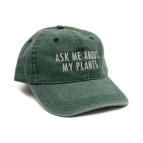 Green cap with 'Ask Me About My Plants' embroidered text on a white background
