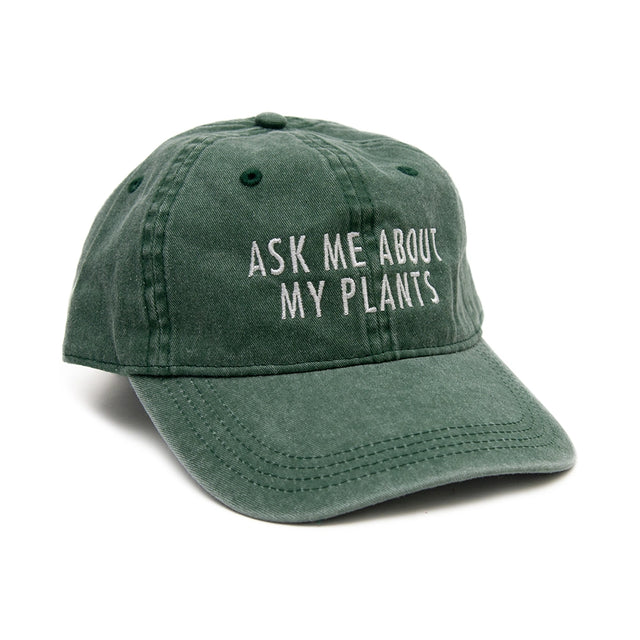 Green cap with 'Ask Me About My Plants' embroidered text on a white background