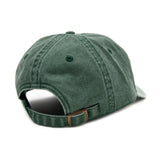 Green baseball cap with brass buckle for size adjustment on a white background