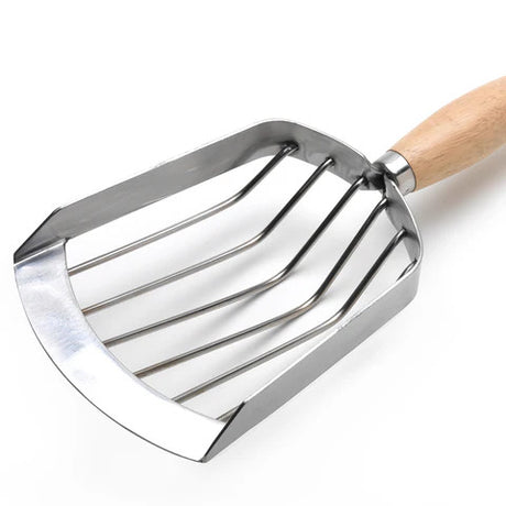 a close up of the stainless steel head of the potato scoop