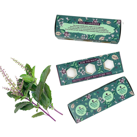 Bath bomb packaging with basil plant on a white background