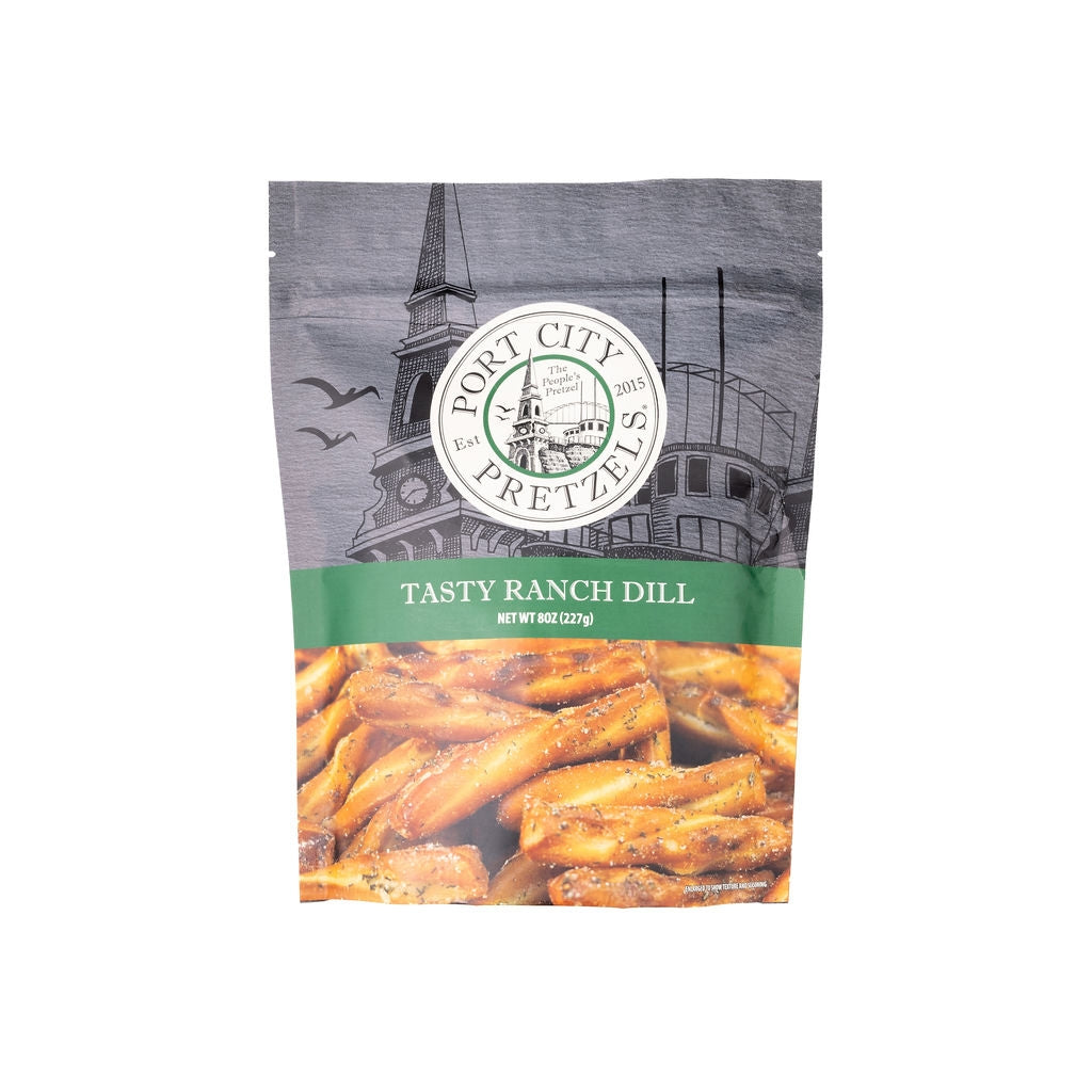 Bag of Port City Pretzels Tasty Ranch Dill pretzels with a gray background