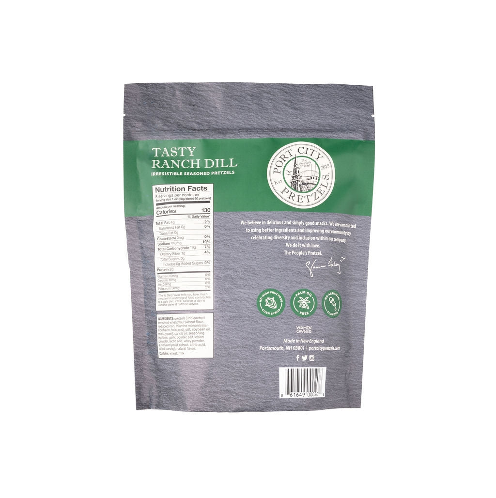 Gray package of Tasty Ranch Dill pretzels with green label on a white background