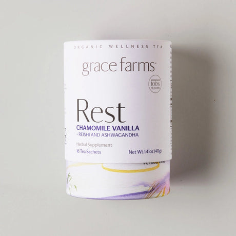 Grace Farms Rest Chamomile Vanilla tea package on a gray background