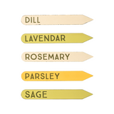 Set of wooden herb markers with text on a white background