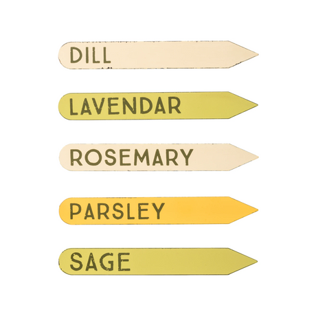 Set of wooden herb markers with text on a white background