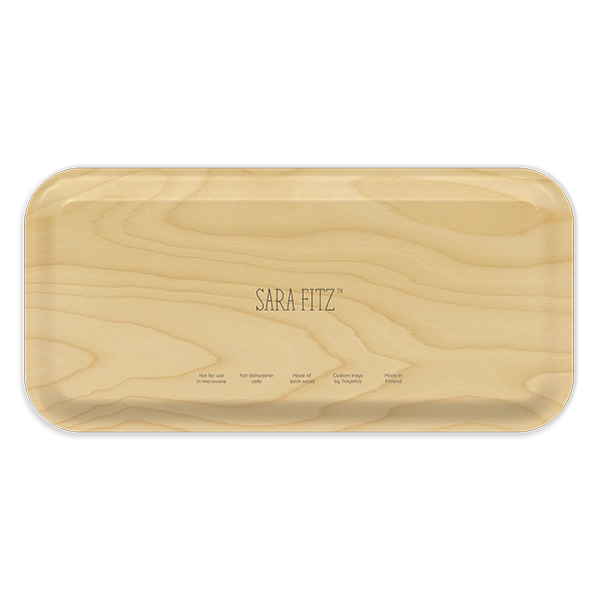 Wooden cutting board with 'Sara Fitz' branding on a white background