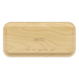 Wooden cutting board with 'Sara Fitz' branding on a white background