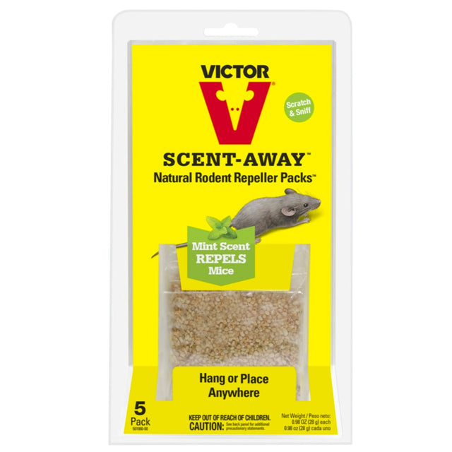 a yellow rectangular package with an image of a mouse and the product inside which looks like a mesh tea bag filled with beige gravelly material