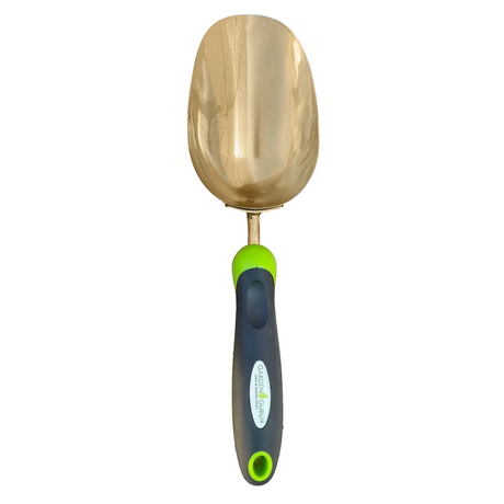 top down view of the Titanium Coated Garden Scoop Trowel Transplanter with green and black ergonomic handle