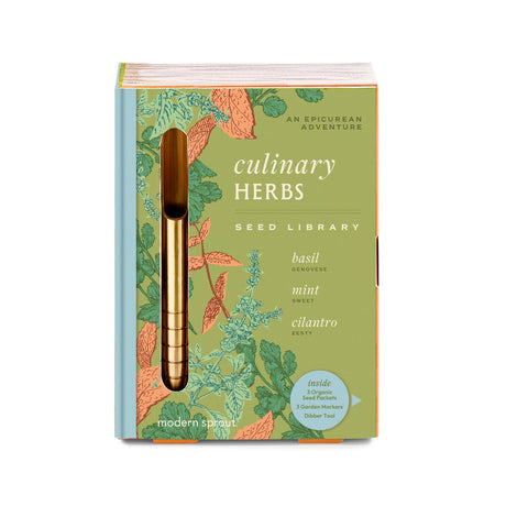 Seed library book titled 'Culinary Herbs' with a gold tool on a white background