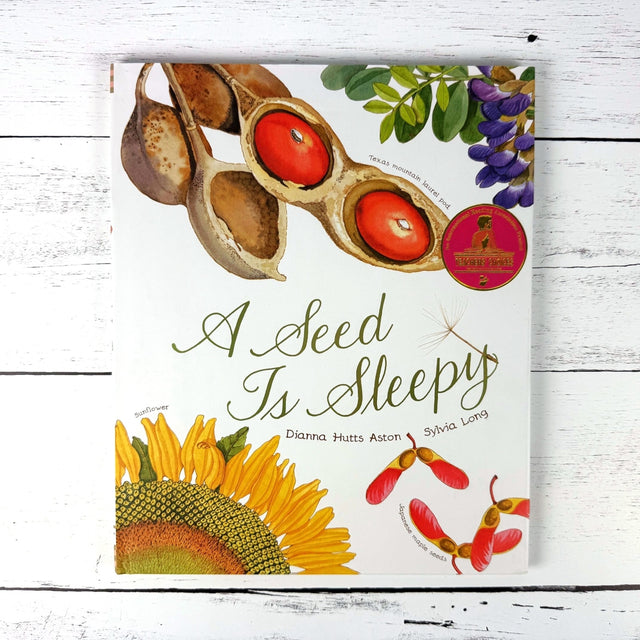 Book cover of 'A Seed Is Sleepy' with illustrations of seeds and flowers on a white wooden background.