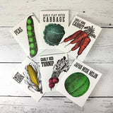 Set of 6 notecards with vintage-style seed packets with illustrations of vegetables on a wooden surface