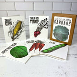 Set of 6 notecards with seed packet designs with illustrations of vegetables on a white surface.
