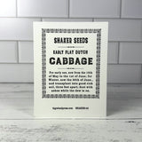 White notecard back with Shaker Seeds packet text and info for early flat Dutch cabbage on a white background