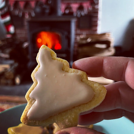 Hand holding a Christmas tree-shaped cookie with icing in front of a fireplace.