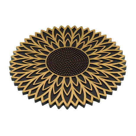 garden stepping stone with sunflower design in yellow and brown shown at a slight angle