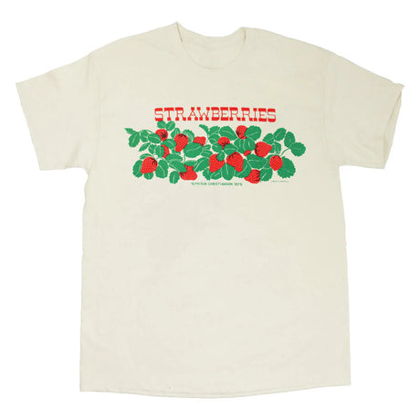 an off white t-shirt with vintage strawberries text and illustration