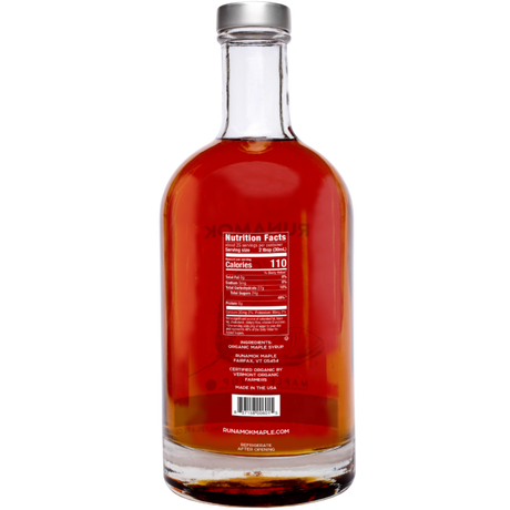 the back view of the Sugarmaker's Cut maple syrup bottle showing the nutrition facts and company info