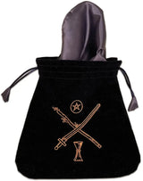 The Tarot Suits Pouch laid flat and partially turned inside out to show the gunmetal gray satin lining
