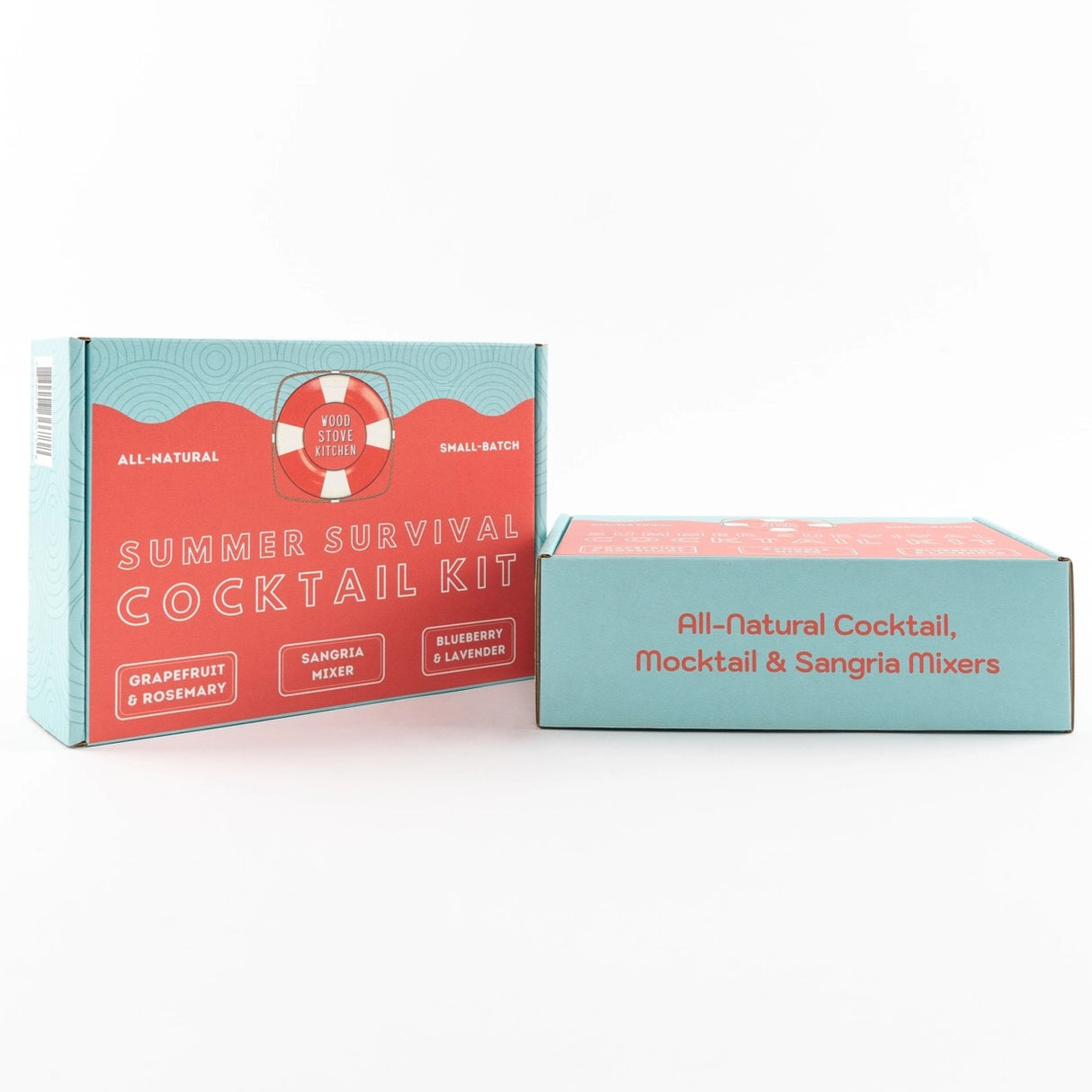 two boxes of the summer survival kit - one standing and one laid flat showing the text on the box