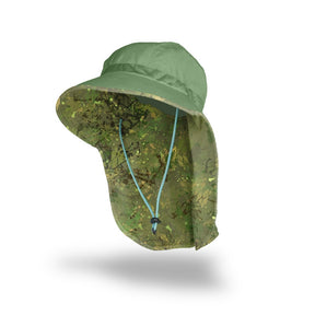 a floating green colored hat that shows the shape of the brim, crown, and the back flap neck protection with a repeated brush camo pattern on the inside of the hat and neck flap