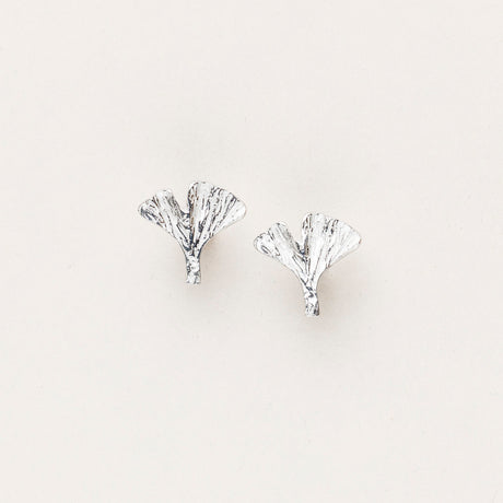 pewter ginkgo leaf stud earrings with intricate hand-crafted detail and high shine silver color
