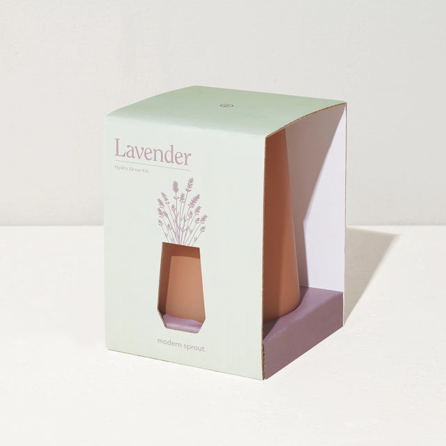 Box packaging of a lavender planter with a pink vase and lavender flowers on a light gray background.
