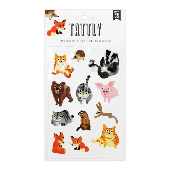 Tattly temporary tattoo sheets with various animal designs on a white background