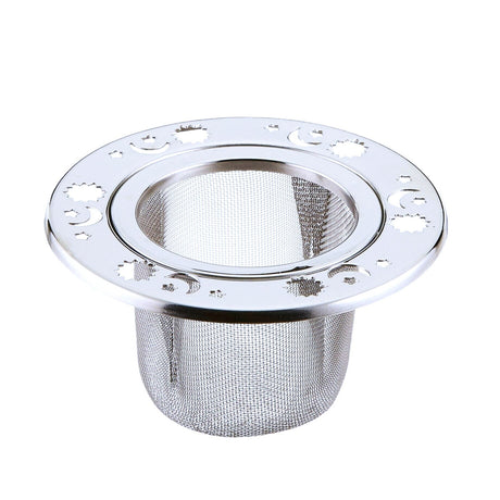 stainless steel mesh tea strainer with stamped sun, moon, and stars pattern around the rim