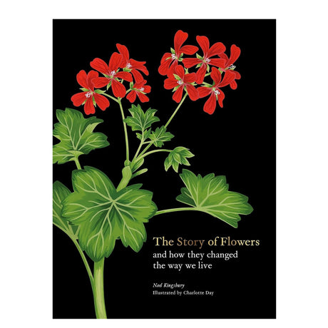 book cover of The Story of Flowers with red flowers on a black background