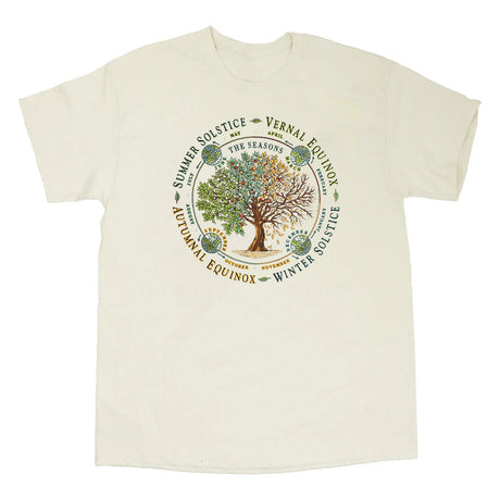 an off white tee shirt with illustration of a tree throughout each of the four seasons. text surrounds the circular design noting the Vernal Equinox, Summer Solstice, Autumnal Equinox, and Winter Solstice