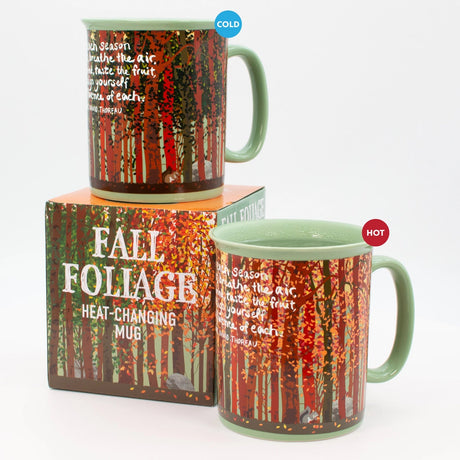 Heat-changing mug with autumn foliage design and packaging on a white background