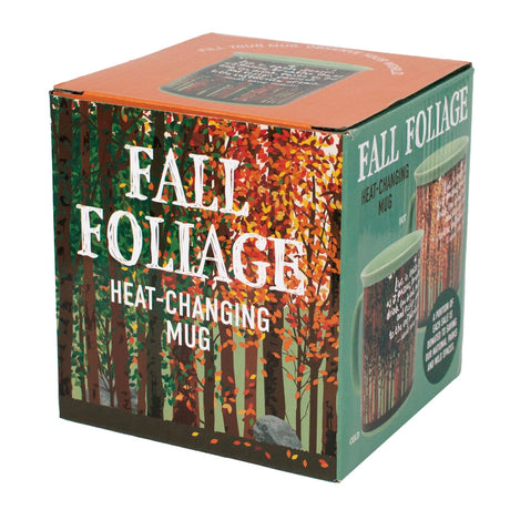 Box for a 'Fall Foliage' heat-changing mug with autumn tree design.