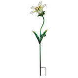 the full view of the white tiger lily solar stake showing the double prong that anchors the stake in the ground