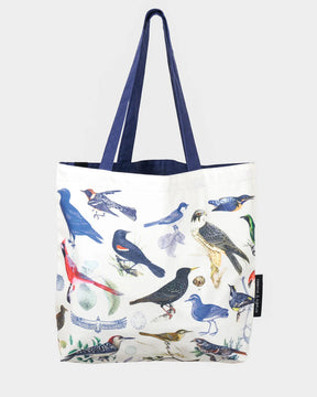 side 2 of the feathered friends tote featuring a range of birds in an academic illustration style on a white tote